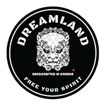 Dreamland Psychedelics logo depicting a traditional Chinese dragon on a black background with the text 'Dreamland Free Your Spirit'