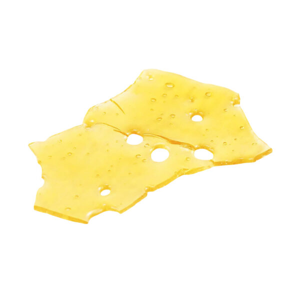 8 Ball Kush shatter, a form of cannabis concentrate with yellow-amber hue and glass-like texture on white background.