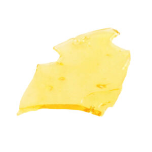 Gorilla Glue shatter, a form of cannabis concentrate with yellow-amber hue and glass-like texture on white background.